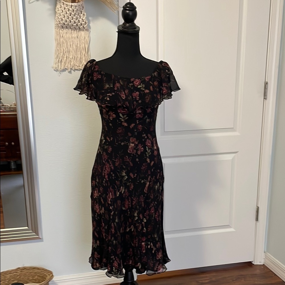 Floral Black Dress with Ruffle Sleeves